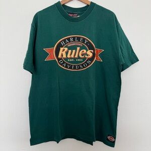 Vintage 90s Harley Davidson Rules T-Shirt Mens XL Green Single Stitch Bike Tee